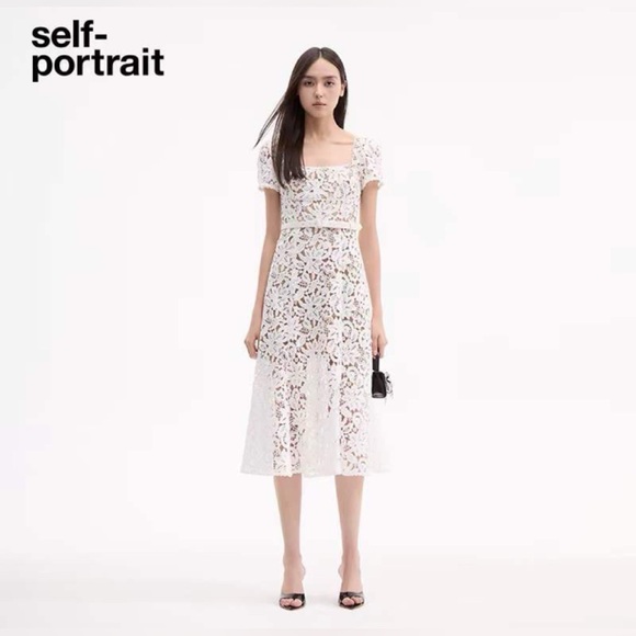 Self Portrait WHITE FLORAL LACE MIDI DRESS - Picture 1 of 4